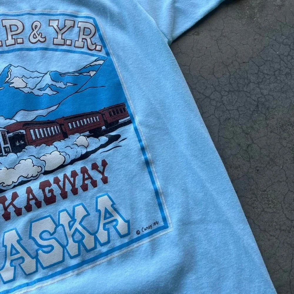 Vintage 1991 Alaska train blue graphic tee Single stitch Jerzees medium